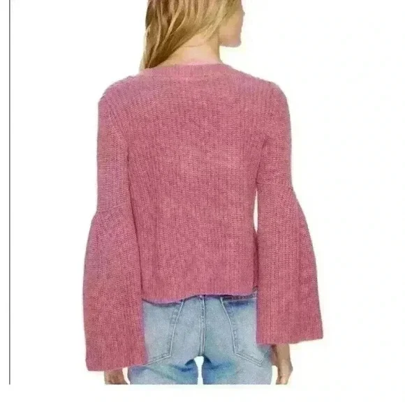 Free People Rose Pink Damsel Bell Sleeve Cotton Vneck Knitted Sweater,Size M - Picture 5 of 6